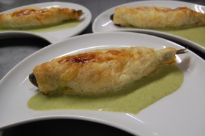 岩魚のパイ包みと山菜こごみのソース。ホテル創業以来のメニュー。リクエスト頂ければご用意できます。ご予約時にお申し付け下さい。